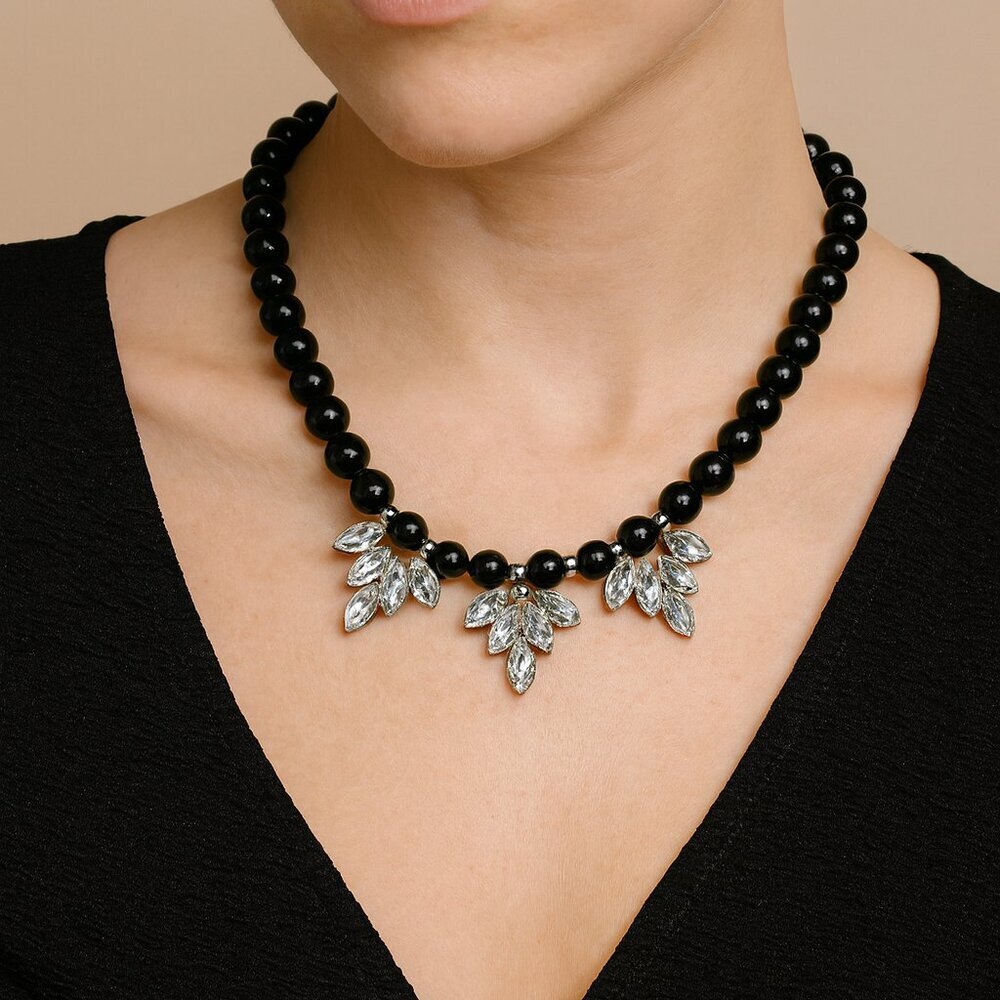 Black Beads Necklace Marquis Clear Rhinestones